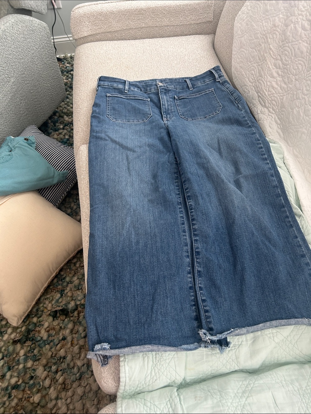 NYDJ Medium Blue Denim Wide-Leg cropped frayed edge jeans NYDJ